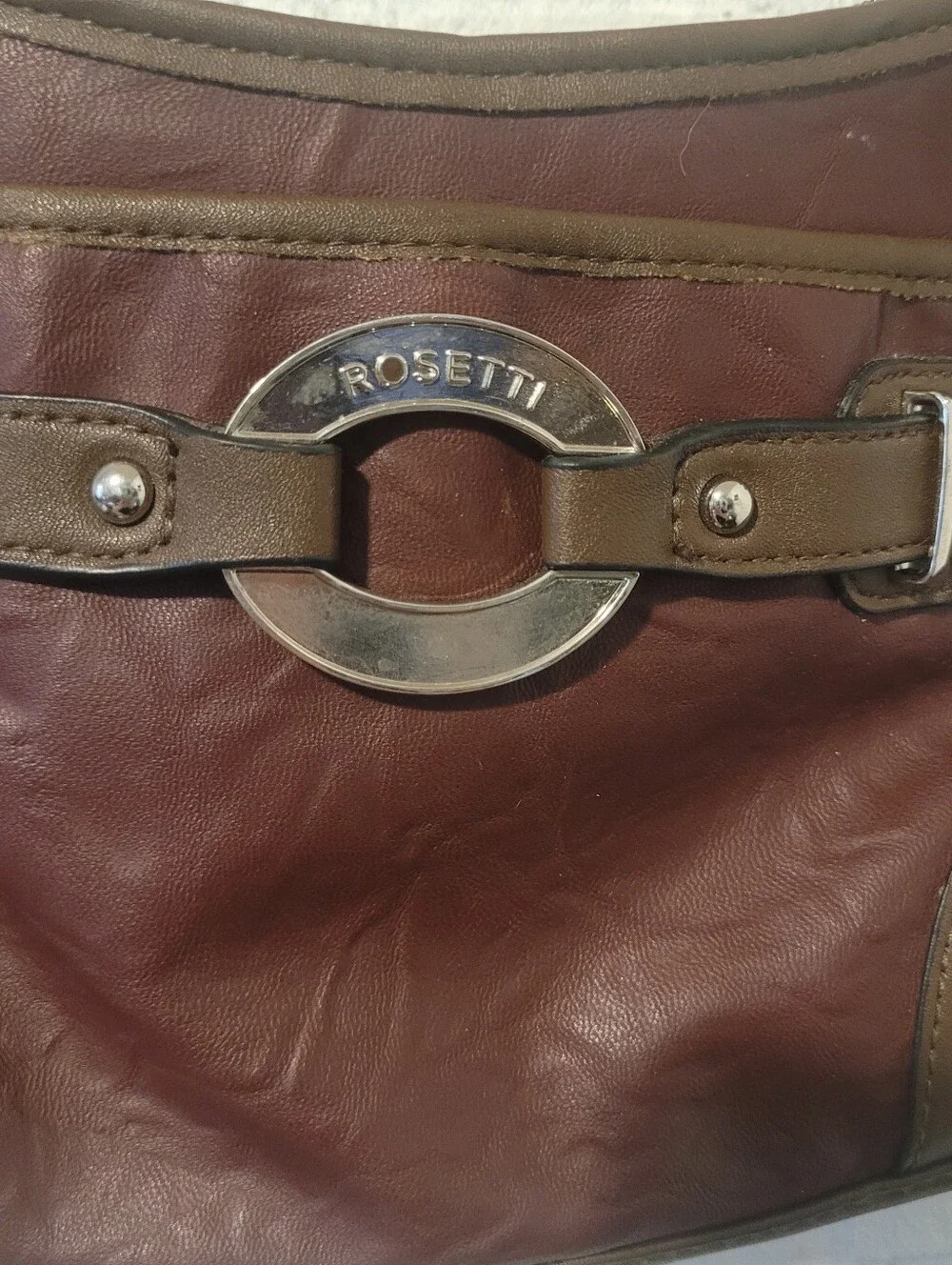 Rosetti Two-Tone Burgundy Wine Shoulder Bag Silver Ring Buckle Studded Accent